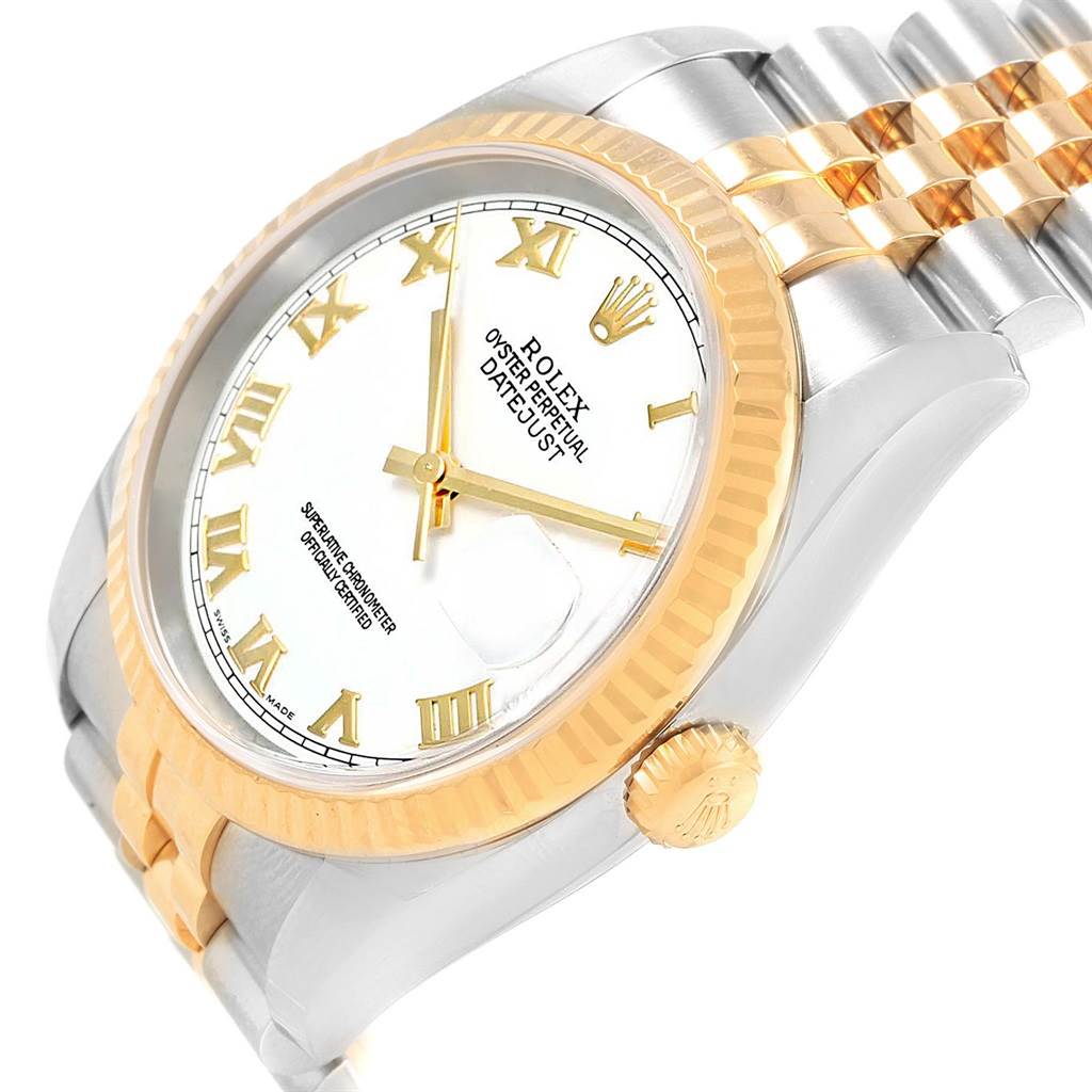 This image shows a side angle of a Rolex Datejust 116233 Men's Stainless Steel White Dial 116233 Men's Stainless Steel White Dial watch, highlighting its bezel, crown, and part of the bracelet.