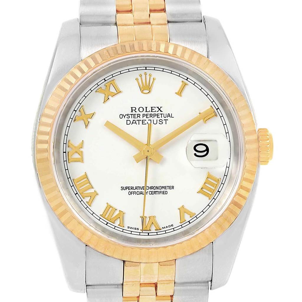 This image shows a front view of a Rolex Datejust 116233 Men's Stainless Steel White Dial 116233 Men's Stainless Steel White Dial watch with a gold bezel and roman numeral markers.