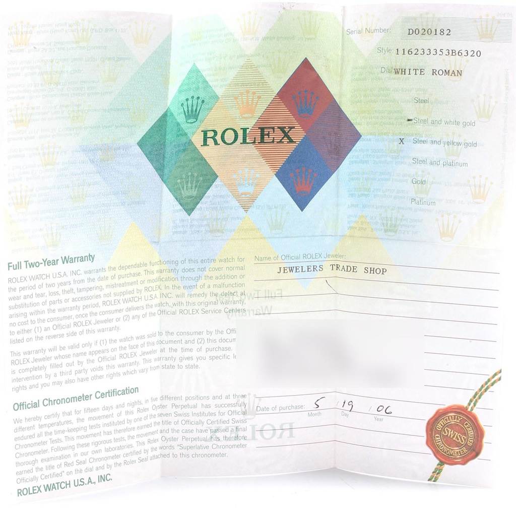 The image shows the warranty and certification card for the Rolex Datejust 116233 Men's Stainless Steel White Dial 116233 Men's Stainless Steel White Dial watch, detailing purchase information and specifications.