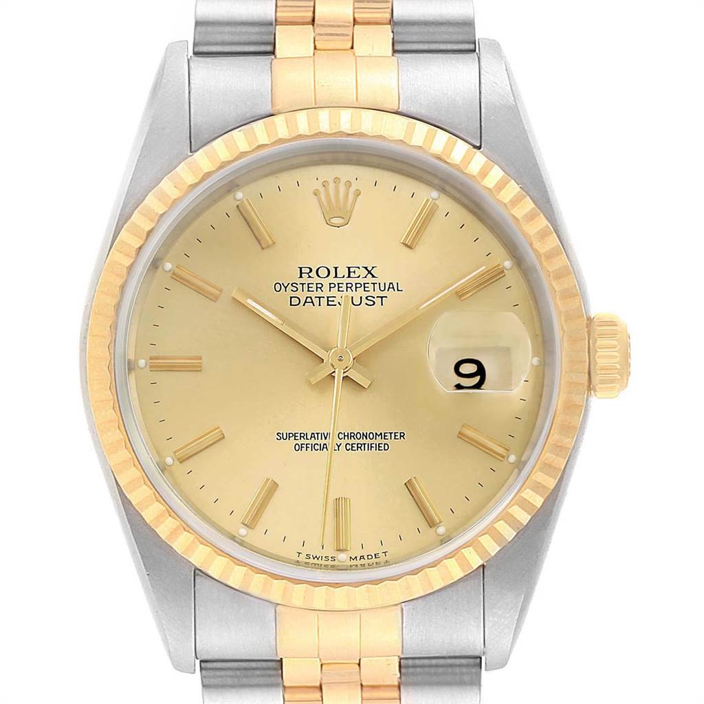 This image shows a front view of a Rolex Datejust 16233 Men's Steel and Gold (two tone) Champagne Dial 16233 Men's Steel and Gold (two tone) Champagne Dial watch displaying the dial, bezel, crown, and part of the bracelet.