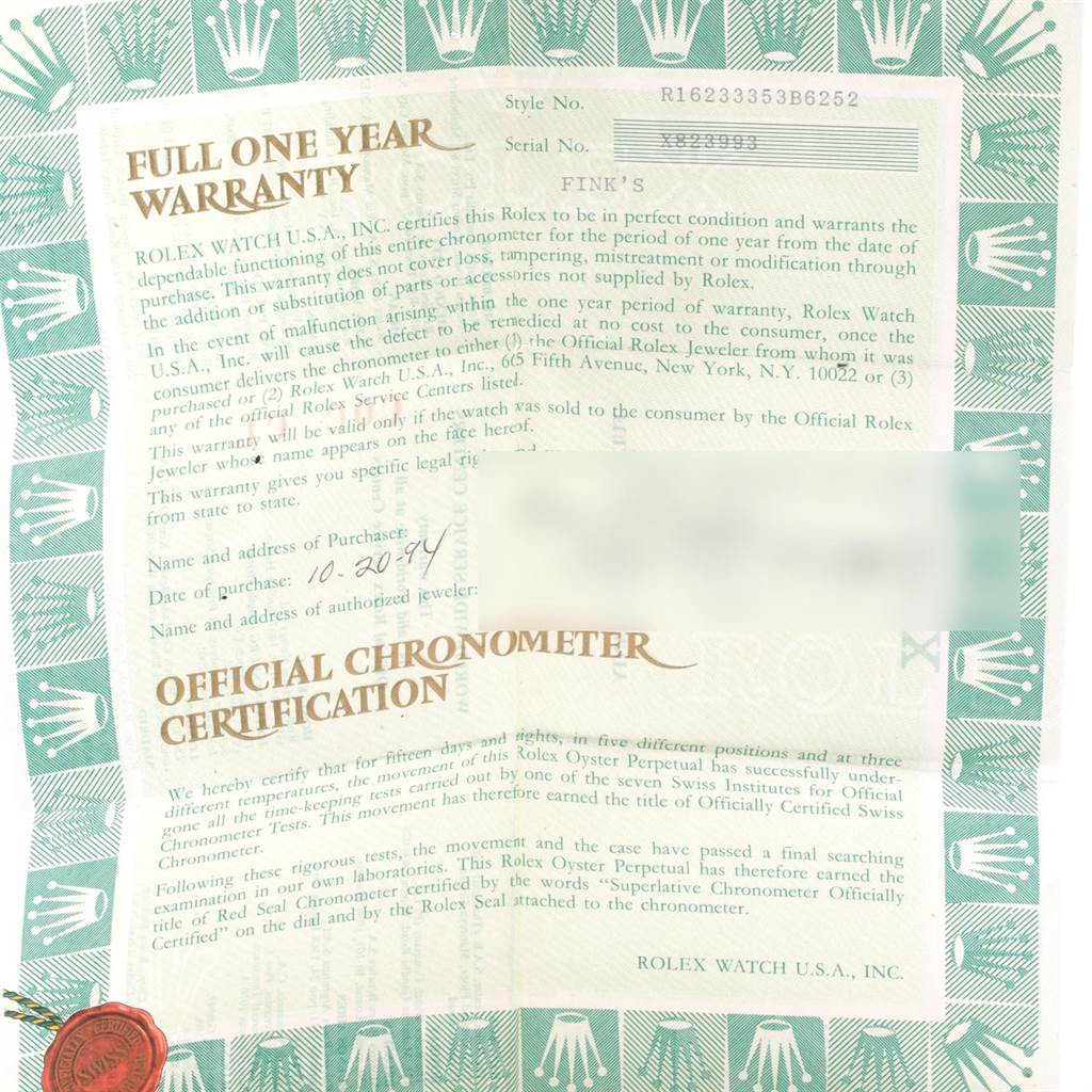 The image shows a warranty card and chronometer certification for the Rolex Datejust 16233 Men's Steel and Gold (two tone) Champagne Dial 16233 Men's Steel and Gold (two tone) Champagne Dial model.