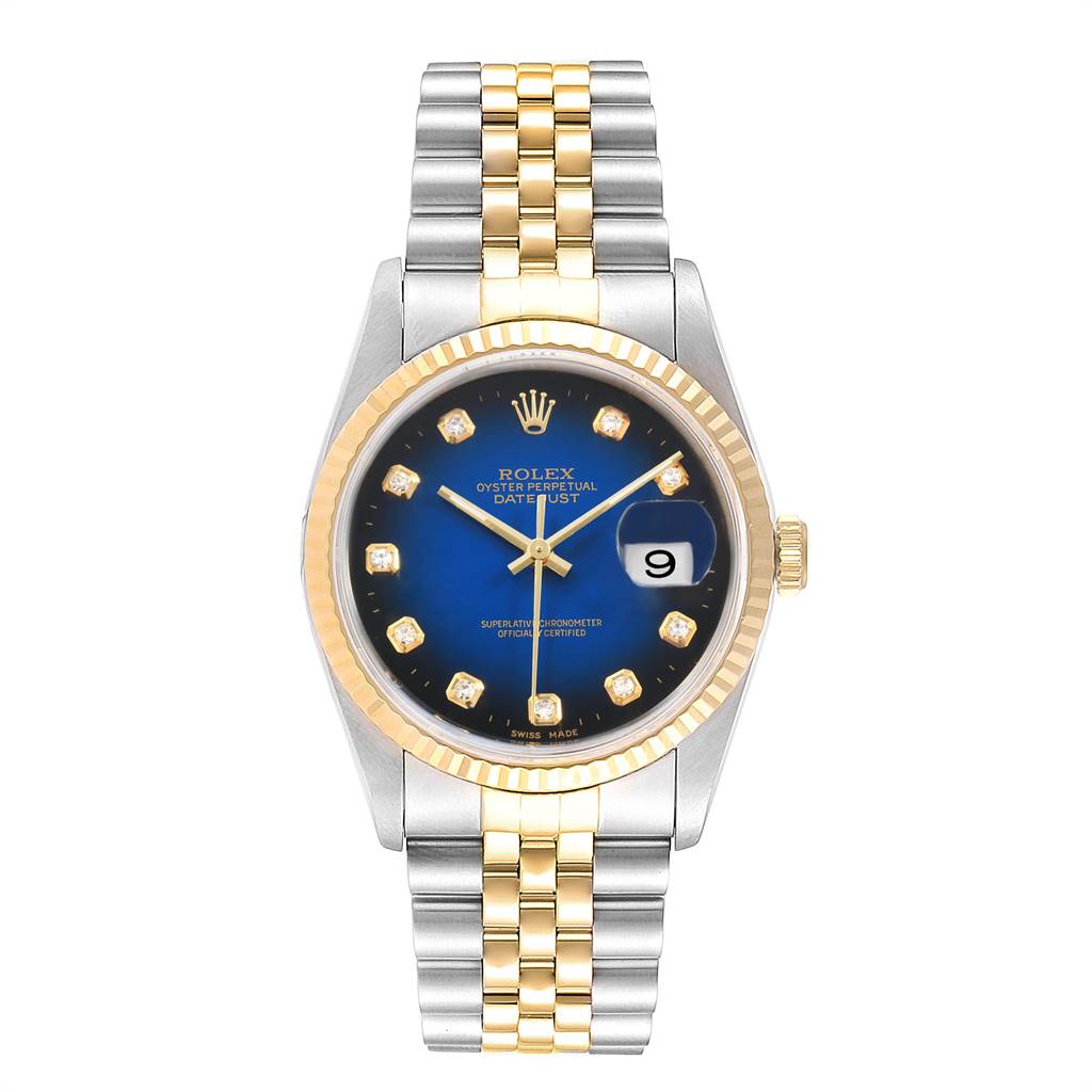 The image shows a Rolex Datejust 16233 Men's Steel and Gold (two tone) Blue Dial 16233 Men's Steel and Gold (two tone) Blue Dial watch from the front, highlighting its blue dial, gold hour markers, and two-tone bracelet.
