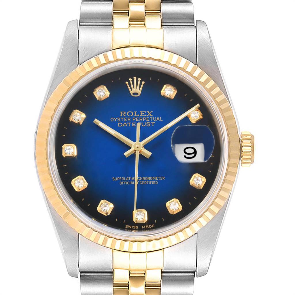 The Rolex Datejust 16233 Men's Steel and Gold (two tone) Blue Dial 16233 Men's Steel and Gold (two tone) Blue Dial watch is shown from a front angle, highlighting its blue dial, gold bezel, diamond hour markers, and Jubilee bracelet.