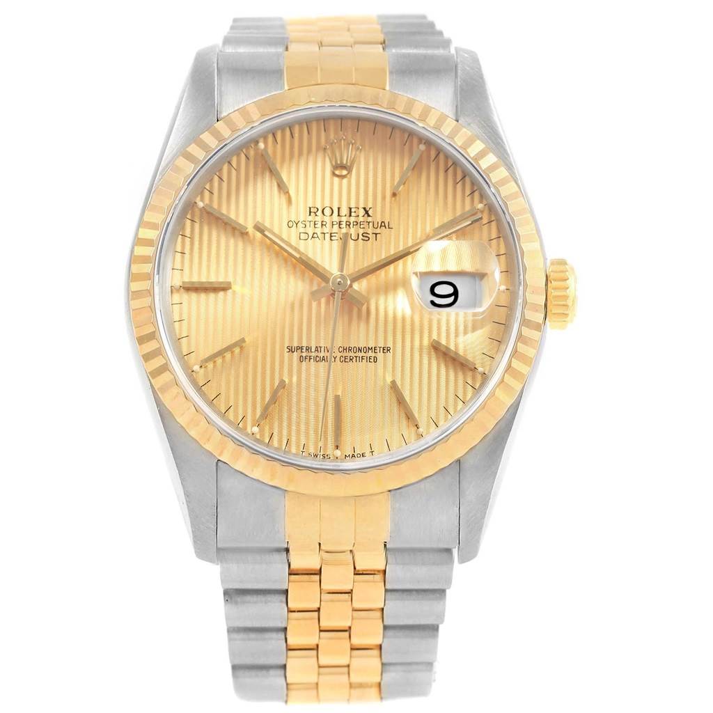 This image shows a front view of a Rolex Datejust 16233 Men's Steel and Gold (two tone) Champagne Dial 16233 Men's Steel and Gold (two tone) Champagne Dial watch with a gold and silver two-tone bracelet and a gold dial.