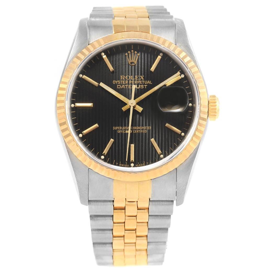 This image shows a front view of the Rolex Datejust 16233 Men's Steel and Gold (two tone) Black Dial 16233 Men's Steel and Gold (two tone) Black Dial watch, displaying its dial, bezel, and two-tone bracelet.