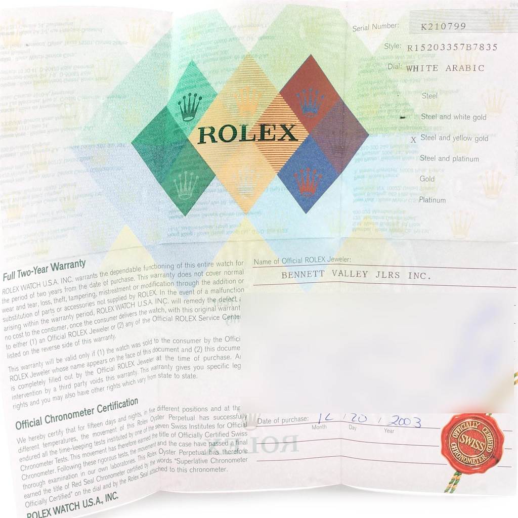 The image shows the warranty and certification document for a Rolex Datejust 15203 Men's Steel and Gold (two tone) White Dial 15203 Men's Steel and Gold (two tone) White Dial watch.