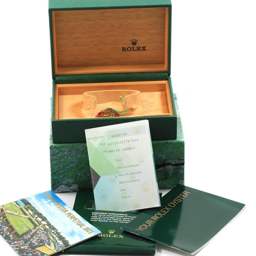 The image shows a Rolex Datejust 15203 Men's Steel and Gold (two tone) White Dial 15203 Men's Steel and Gold (two tone) White Dial watch box, warranty card, wrist cushion, and manuals from a frontal angle.