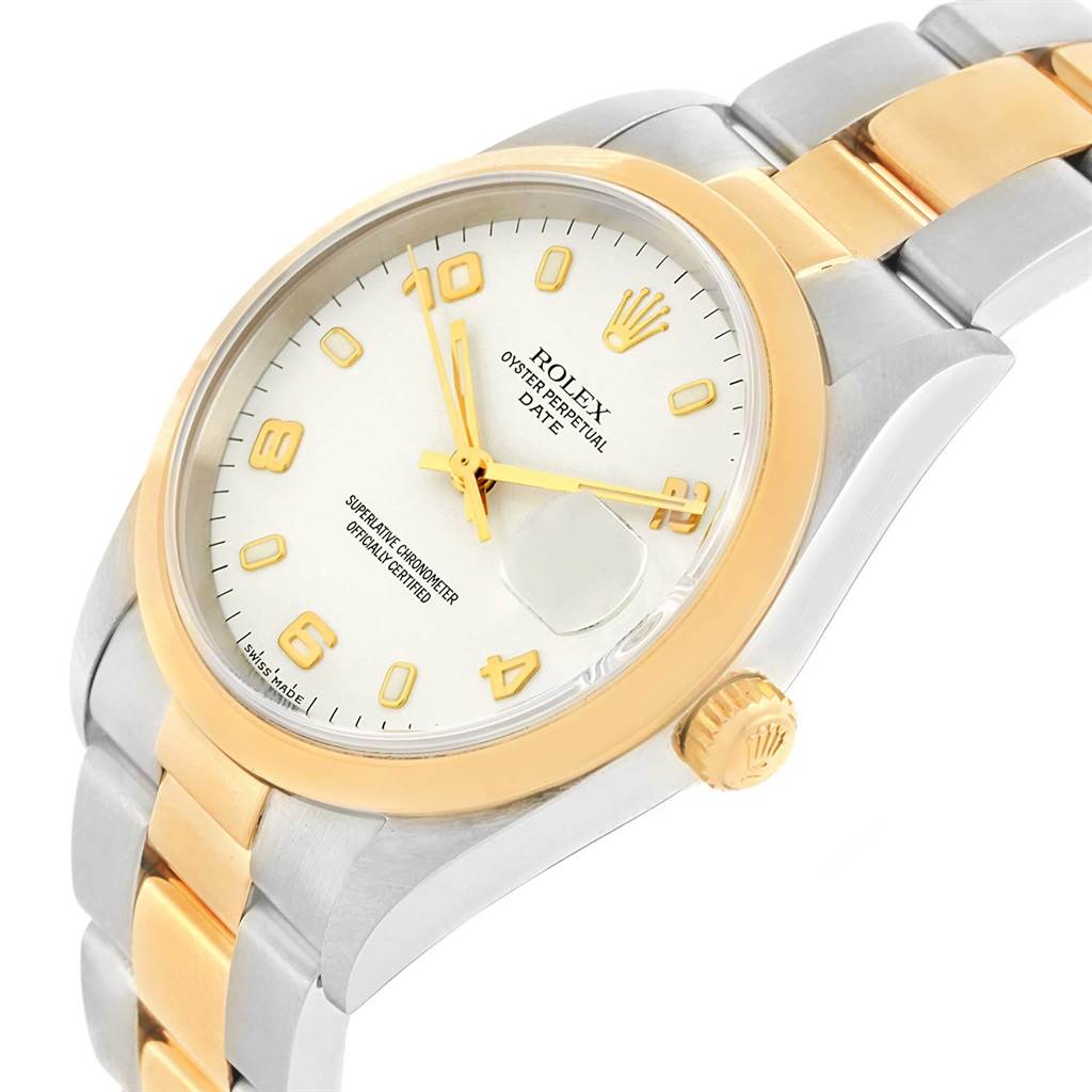The image shows a close-up angled view of a Rolex Datejust 15203 Men's Steel and Gold (two tone) White Dial 15203 Men's Steel and Gold (two tone) White Dial watch, highlighting the dial, bezel, and two-tone bracelet.