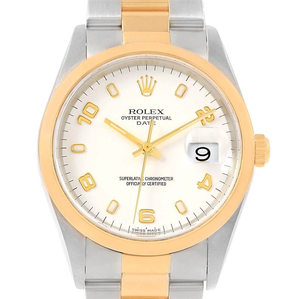 This Rolex Datejust 15203 Men's Steel and Gold (two tone) White Dial 15203 Men's Steel and Gold (two tone) White Dial watch is shown from a front-facing angle, highlighting its dial, bezel, and bracelet.