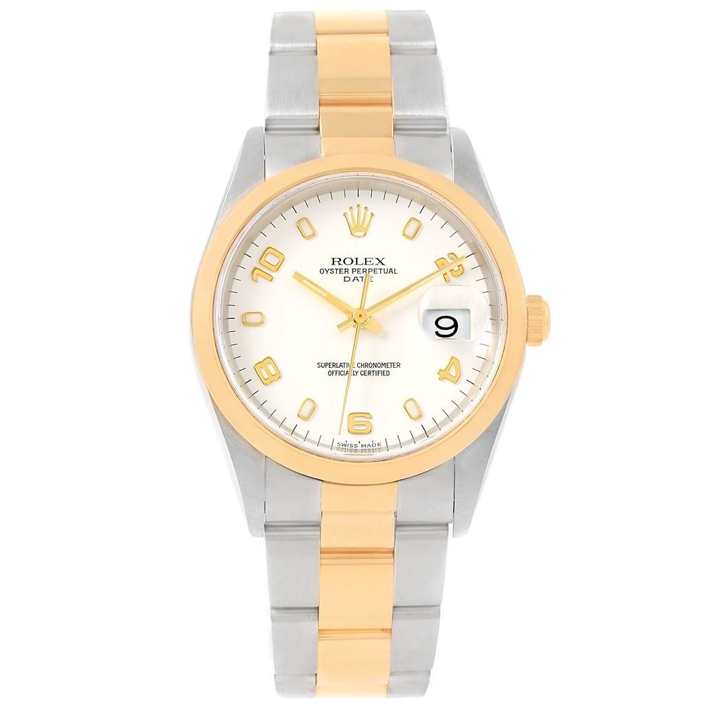 The image shows a front view of a Rolex Datejust 15203 Men's Steel and Gold (two tone) White Dial 15203 Men's Steel and Gold (two tone) White Dial watch displaying its face, bezel, and bracelet.
