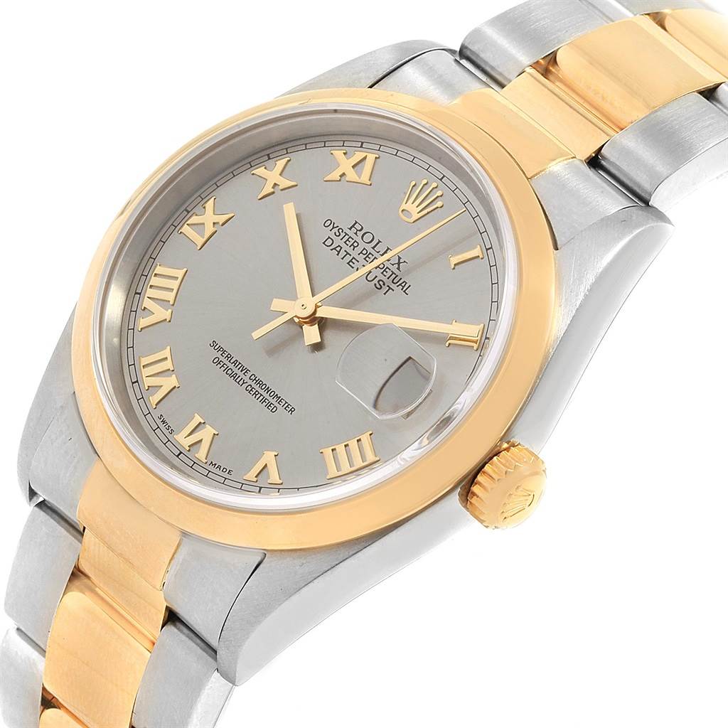 The image shows a Rolex Datejust 16203 Men's Steel and Gold (two tone) Grey Dial 16203 Men's Steel and Gold (two tone) Grey Dial watch from a front angled view, highlighting its face, dial, bezel, and part of the bracelet.