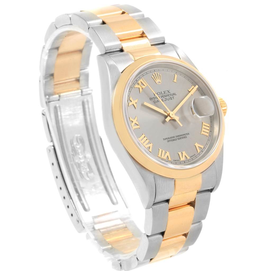 The image shows a two-tone Rolex Datejust 16203 Men's Steel and Gold (two tone) Grey Dial 16203 Men's Steel and Gold (two tone) Grey Dial watch from a side angle, highlighting the bracelet, case, and dial.