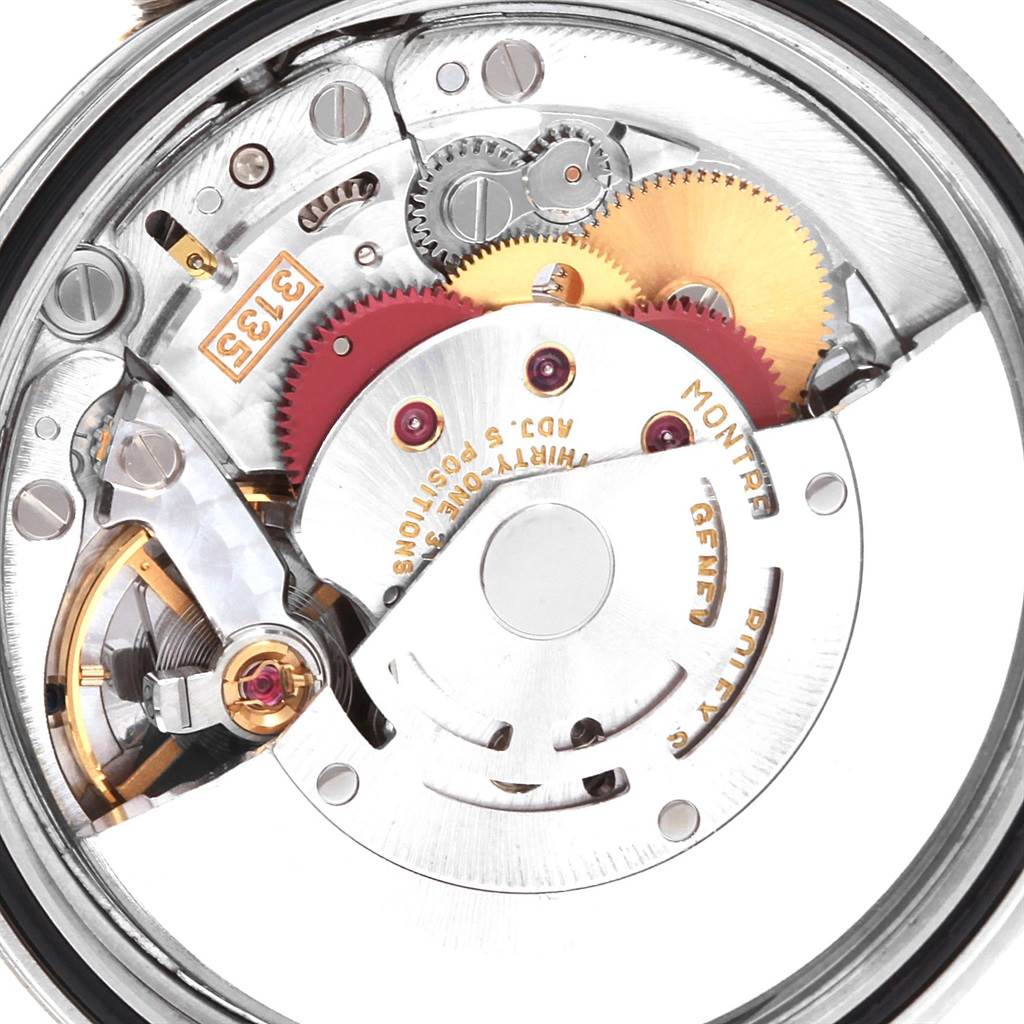 This image shows the inner mechanical movement components of a Rolex Datejust 16203 Men's Steel and Gold (two tone) Grey Dial 16203 Men's Steel and Gold (two tone) Grey Dial watch from a top-down angle.