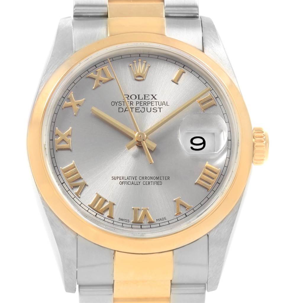 The image shows a front view of a Rolex Datejust 16203 Men's Steel and Gold (two tone) Grey Dial 16203 Men's Steel and Gold (two tone) Grey Dial watch, highlighting the dial, bezel, crown, and part of the bracelet.