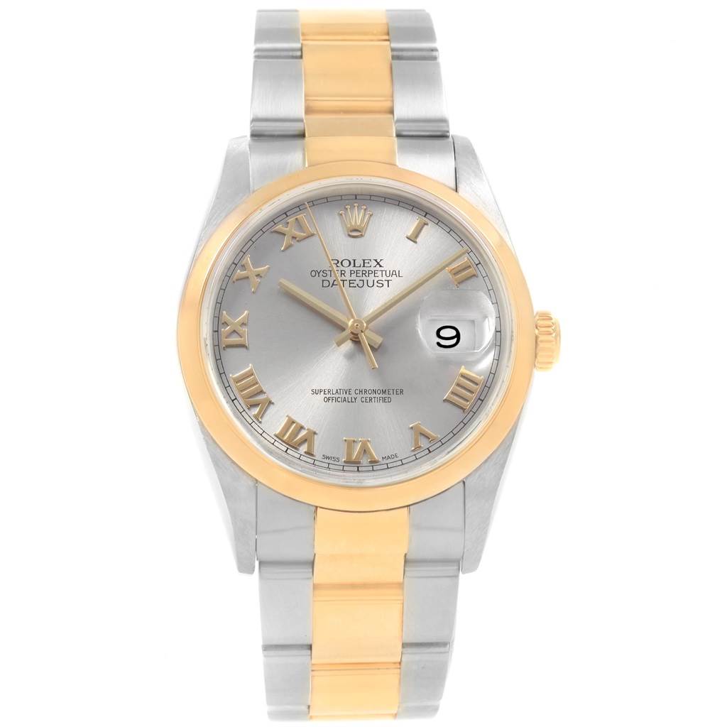 The Rolex Datejust 16203 Men's Steel and Gold (two tone) Grey Dial 16203 Men's Steel and Gold (two tone) Grey Dial watch is shown from a front angle, displaying its dial, hands, date window, bezel, and bracelet.