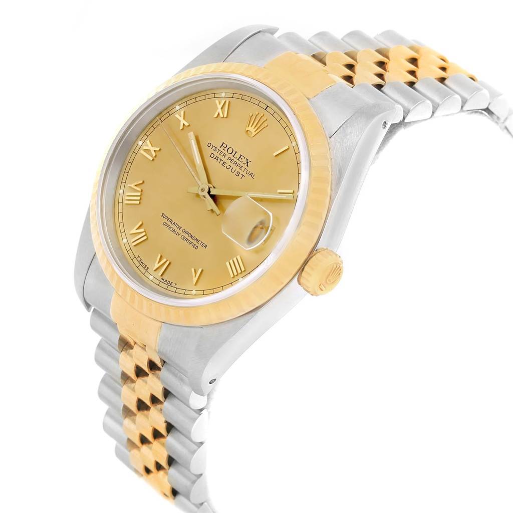 The image displays a Rolex Datejust 16233 Men's Steel and Gold (two tone) Champagne Dial 16233 Men's Steel and Gold (two tone) Champagne Dial watch at a slight angled side view, showing the dial, bezel, crown, and part of the bracelet.