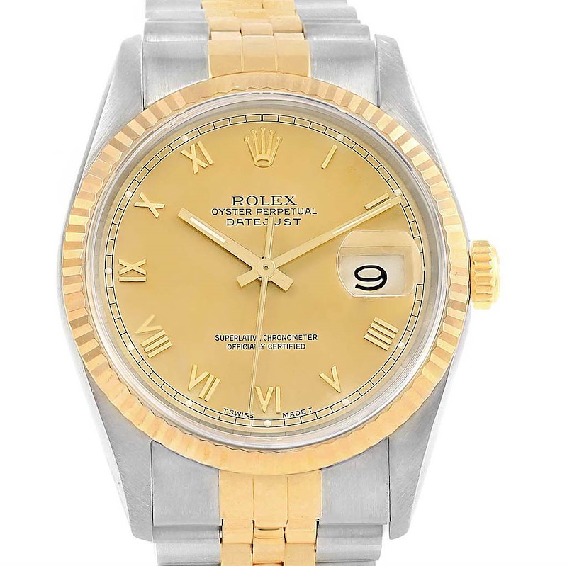 Rolex Datejust 36 Steel 18K Yellow Gold Roman Dial Mens Watch 16233 SwissWatchExpo