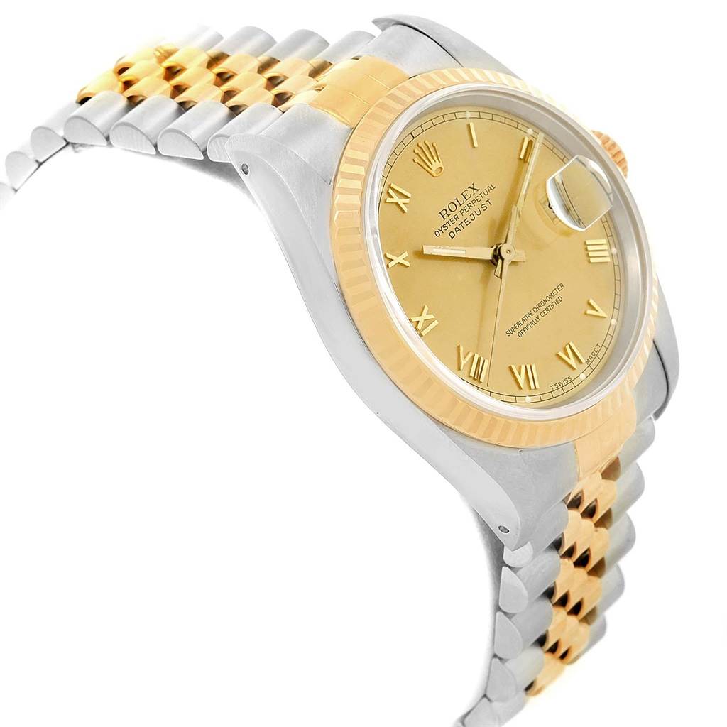 This image shows a side angle of the Rolex Datejust 16233 Men's Steel and Gold (two tone) Champagne Dial 16233 Men's Steel and Gold (two tone) Champagne Dial, highlighting the dial, bezel, and two-tone bracelet.
