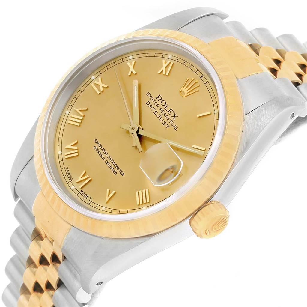 This image shows a side view of a Rolex Datejust 16233 Men's Steel and Gold (two tone) Champagne Dial 16233 Men's Steel and Gold (two tone) Champagne Dial watch, highlighting the dial, bezel, crown, and part of the bracelet.