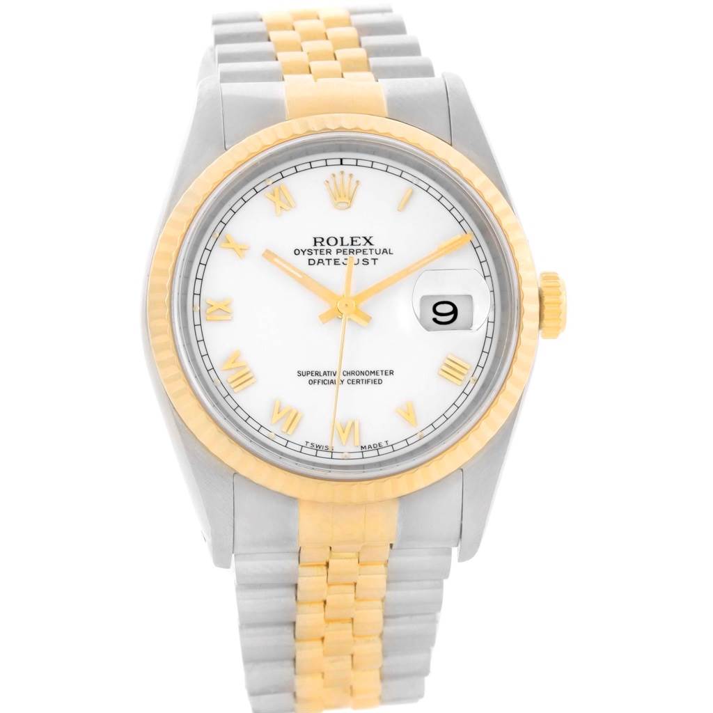 The image shows a frontal view of a Rolex Datejust 16233 Men's Steel and Gold (two tone) White Dial 16233 Men's Steel and Gold (two tone) White Dial watch, displaying its dial, bezel, crown, and metal bracelet.