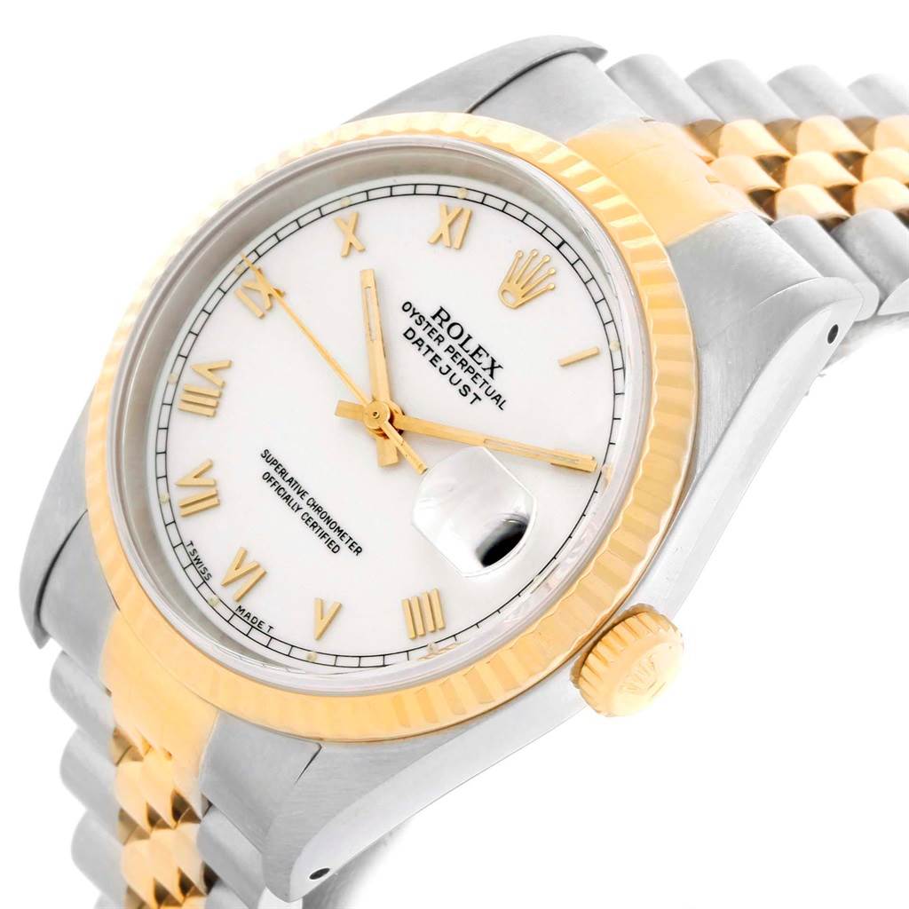 The image shows a close-up angled view of a Rolex Datejust 16233 Men's Steel and Gold (two tone) White Dial 16233 Men's Steel and Gold (two tone) White Dial watch, featuring its dial, bezel, and part of the bracelet.
