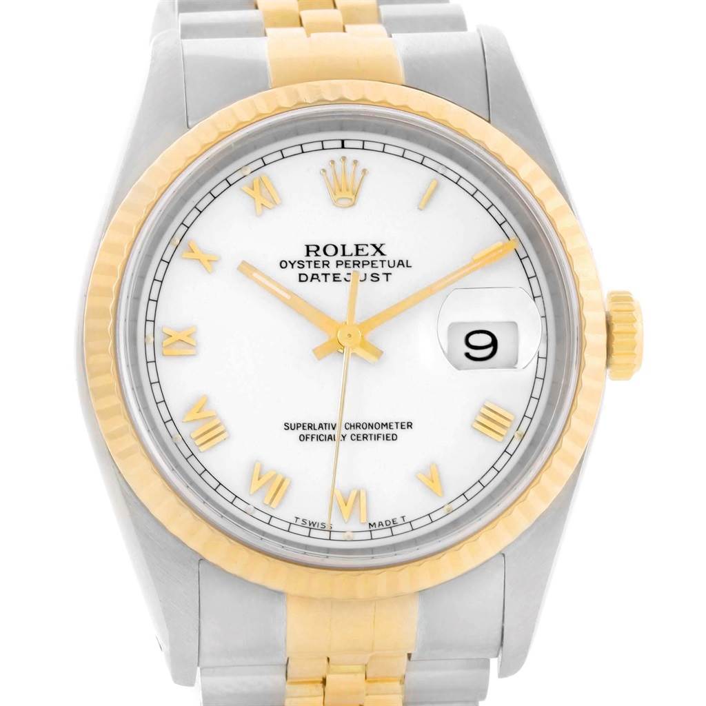 The image shows a front view of a Rolex Datejust 16233 Men's Steel and Gold (two tone) White Dial 16233 Men's Steel and Gold (two tone) White Dial watch, highlighting its dial, bezel, crown, and part of the bracelet.