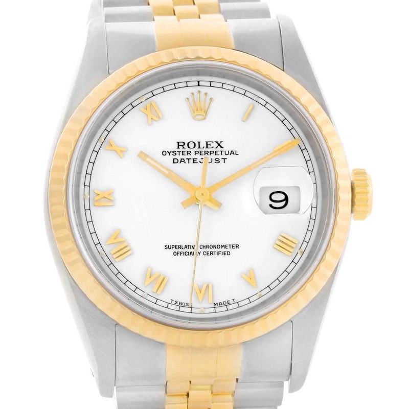 Rolex Datejust Steel 18K Yellow Gold White Roman Dial Mens Watch 16233 SwissWatchExpo