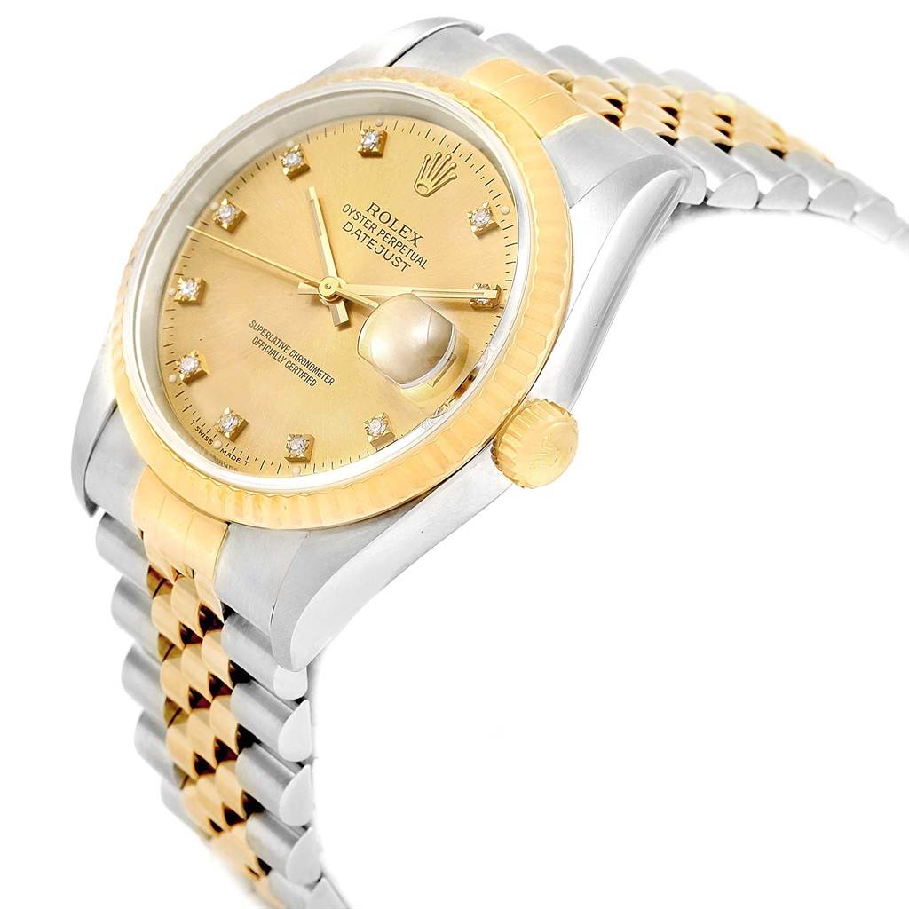 The image shows a diagonal view of a Rolex Datejust 16233 Men's Steel and Gold (two tone) Champagne Dial 16233 Men's Steel and Gold (two tone) Champagne Dial watch, highlighting its gold and silver bracelet, dial, bezel, and crown.