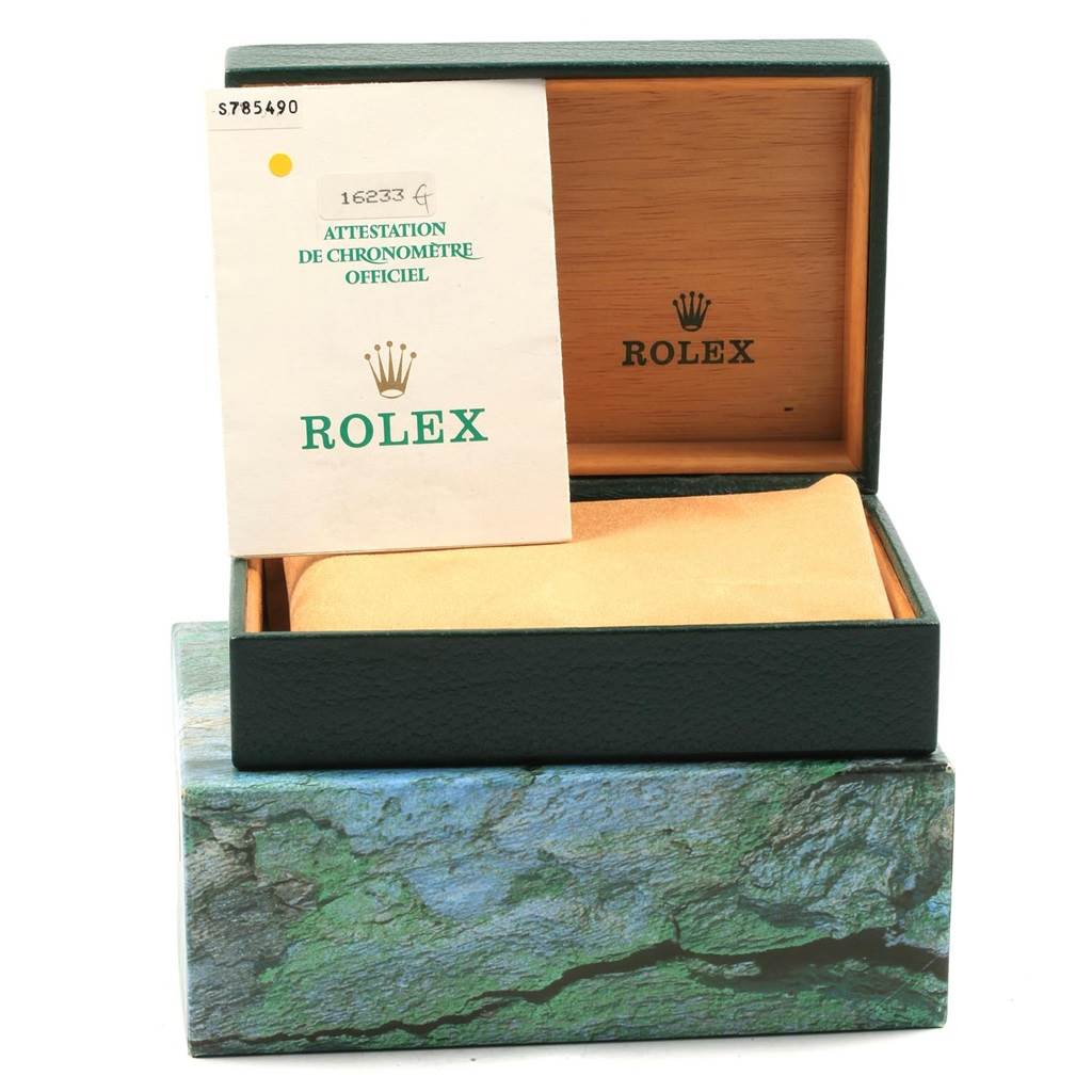The image shows the open box, outer box, and paperwork for a Rolex Datejust 16233 Men's Steel and Gold (two tone) Champagne Dial 16233 Men's Steel and Gold (two tone) Champagne Dial model, showcasing the packaging.