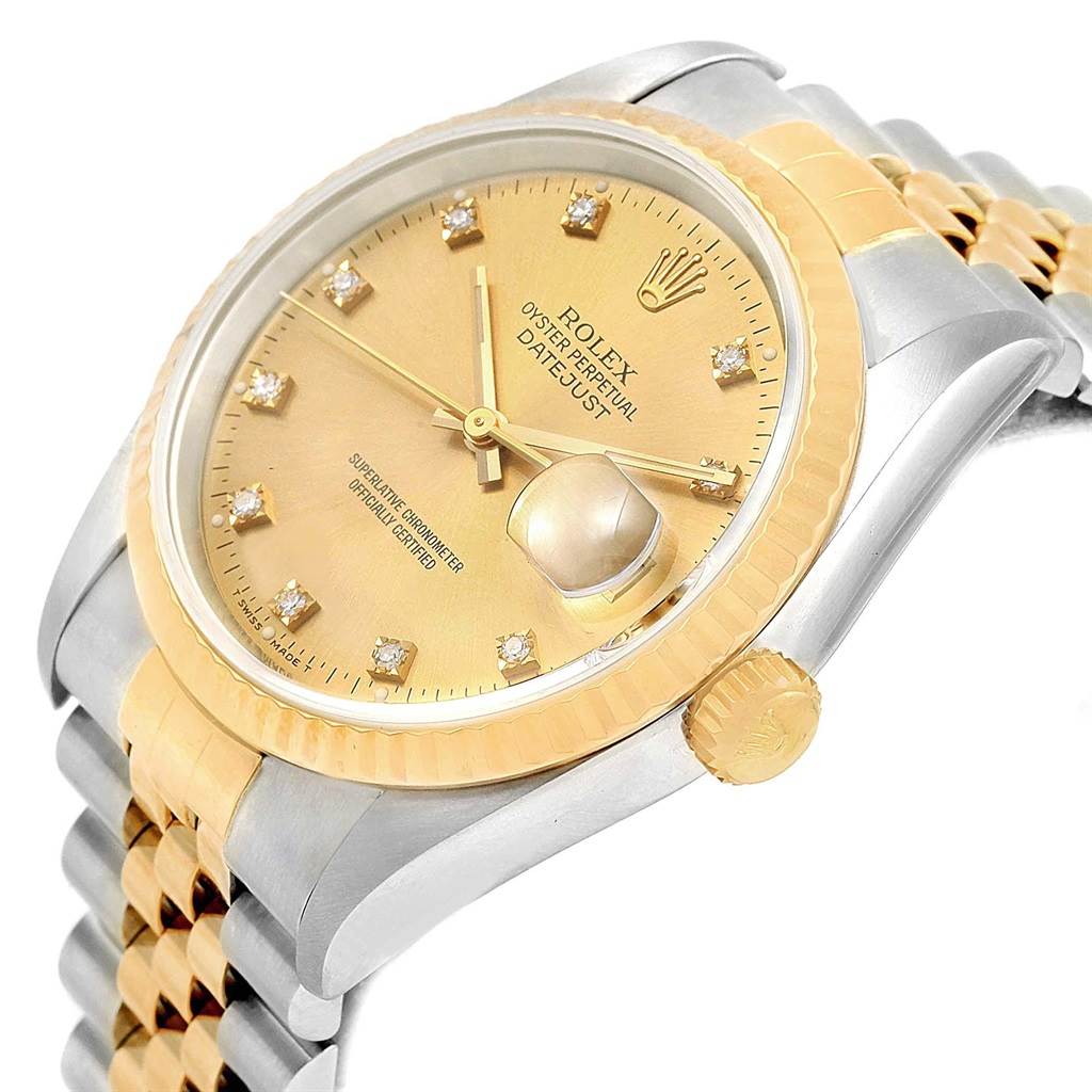 The image shows a close-up view of a Rolex Datejust 16233 Men's Steel and Gold (two tone) Champagne Dial 16233 Men's Steel and Gold (two tone) Champagne Dial watch, highlighting the dial, bezel, crown, and part of the bracelet.