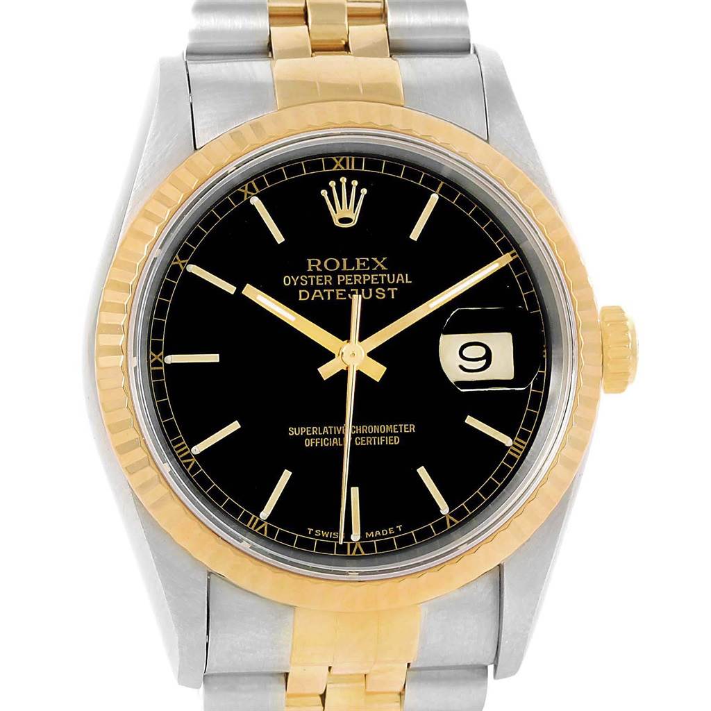 This Rolex Datejust 16233 Men's Steel and Gold (two tone) Black Dial 16233 Men's Steel and Gold (two tone) Black Dial watch is shown from the front, displaying its black dial, two-tone bezel, and part of the bracelet.