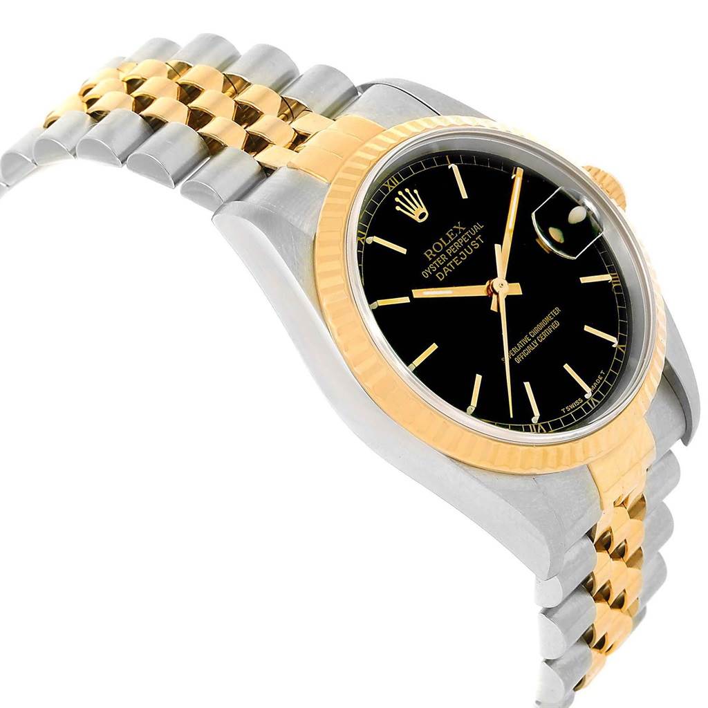 The image shows a side angle of the Rolex Datejust 16233 Men's Steel and Gold (two tone) Black Dial 16233 Men's Steel and Gold (two tone) Black Dial watch, highlighting its black dial, fluted bezel, and two-tone bracelet.