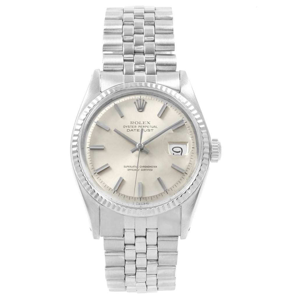 The image shows a front view of a Rolex Datejust 1601 Men
s Stainless Steel Silver Dial 1601 Men
s Stainless Steel Silver Dial watch, highlighting its dial, fluted bezel, and Jubilee bracelet.