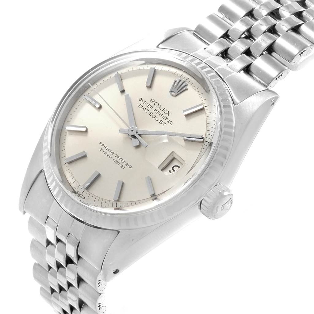 This image shows a close-up, angled view of the Rolex Datejust 1601 Men
s Stainless Steel Silver Dial 1601 Men
s Stainless Steel Silver Dial watch, highlighting the dial, bezel, and part of the bracelet.