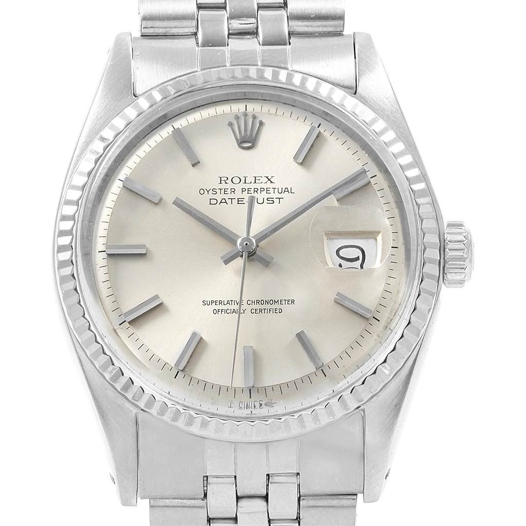 This is a front view of a Rolex Datejust 1601 Men
s Stainless Steel Silver Dial 1601 Men
s Stainless Steel Silver Dial watch, showing the dial, hands, crown, and partial bracelet.