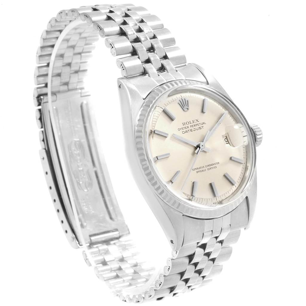 The image shows a Rolex Datejust 1601 Men
s Stainless Steel Silver Dial 1601 Men
s Stainless Steel Silver Dial watch at a slight angle, displaying the face, crown, case, and bracelet.