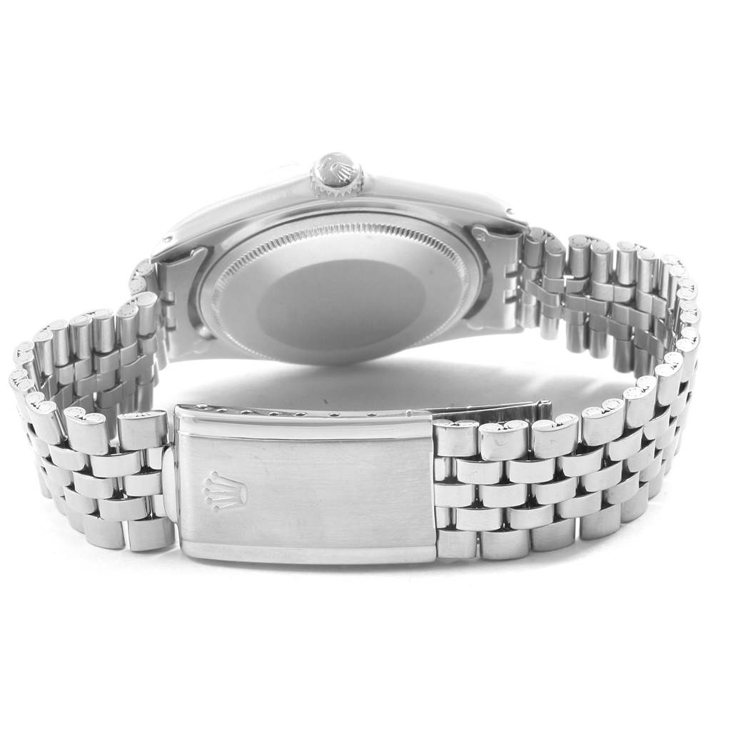 This image shows the back view of a Rolex Datejust 1601 Men
s Stainless Steel Silver Dial 1601 Men
s Stainless Steel Silver Dial watch, focusing on its case back and Jubilee bracelet with the clasp.