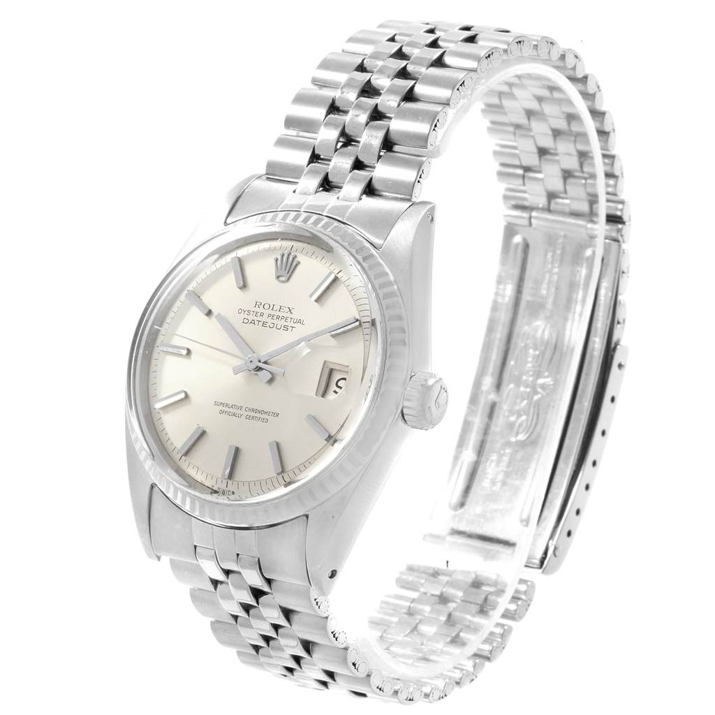 The image shows a Rolex Datejust 1601 Men
s Stainless Steel Silver Dial 1601 Men
s Stainless Steel Silver Dial watch from a front-left angle, displaying the dial, bracelet, and part of the clasp.