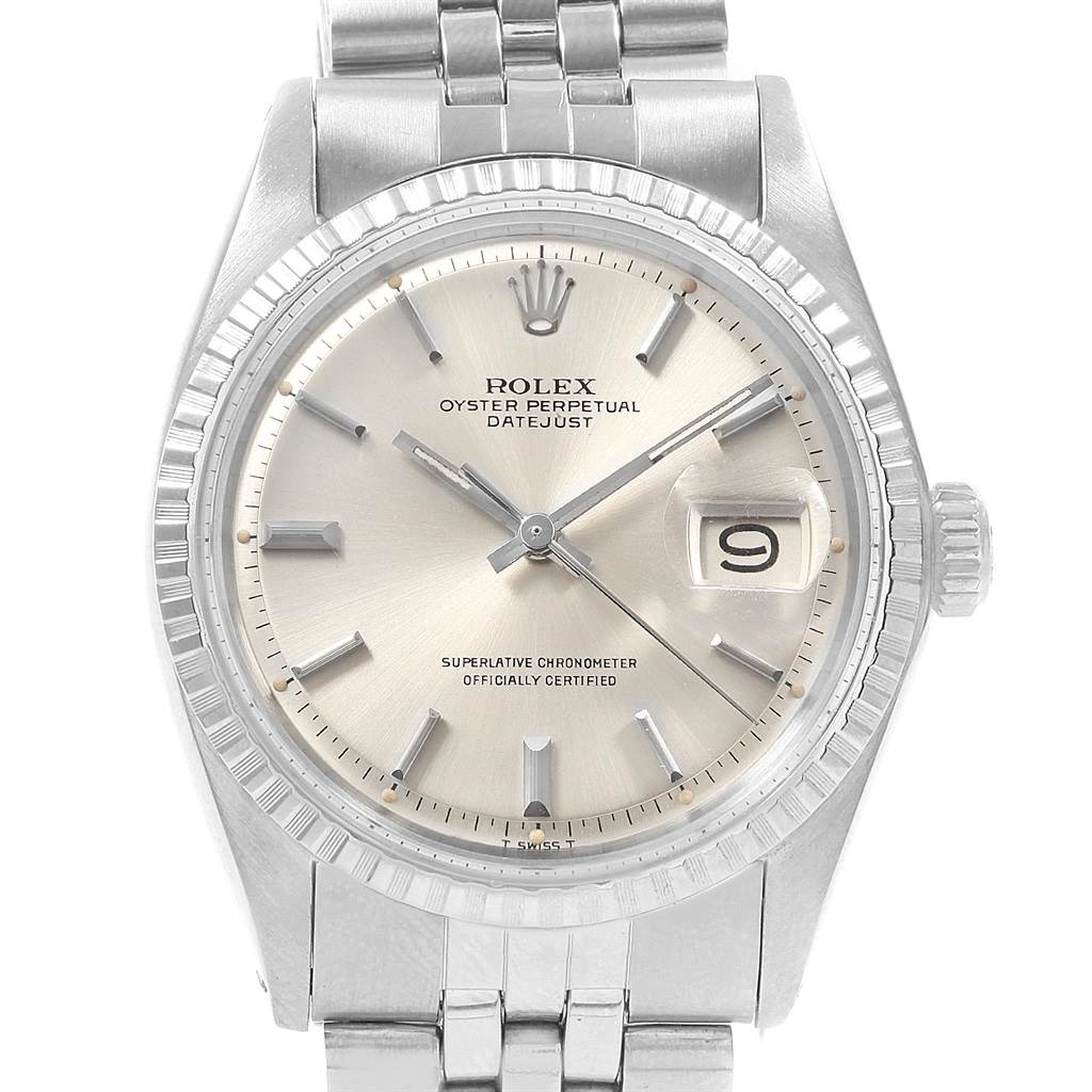 The image shows a front view of a Rolex Datejust 1601 Men
s Stainless Steel Silver Dial 1601 Men
s Stainless Steel Silver Dial watch, highlighting the dial, bezel, and part of the bracelet.