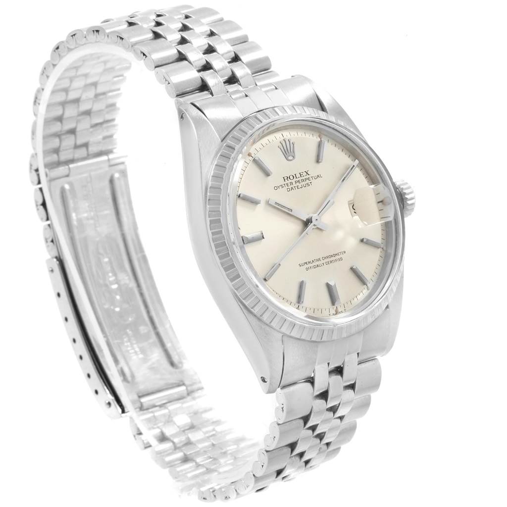 The Rolex Datejust 1601 Men
s Stainless Steel Silver Dial 1601 Men
s Stainless Steel Silver Dial watch is shown from a three-quarter angle, highlighting the face, bezel, crown, and bracelet.