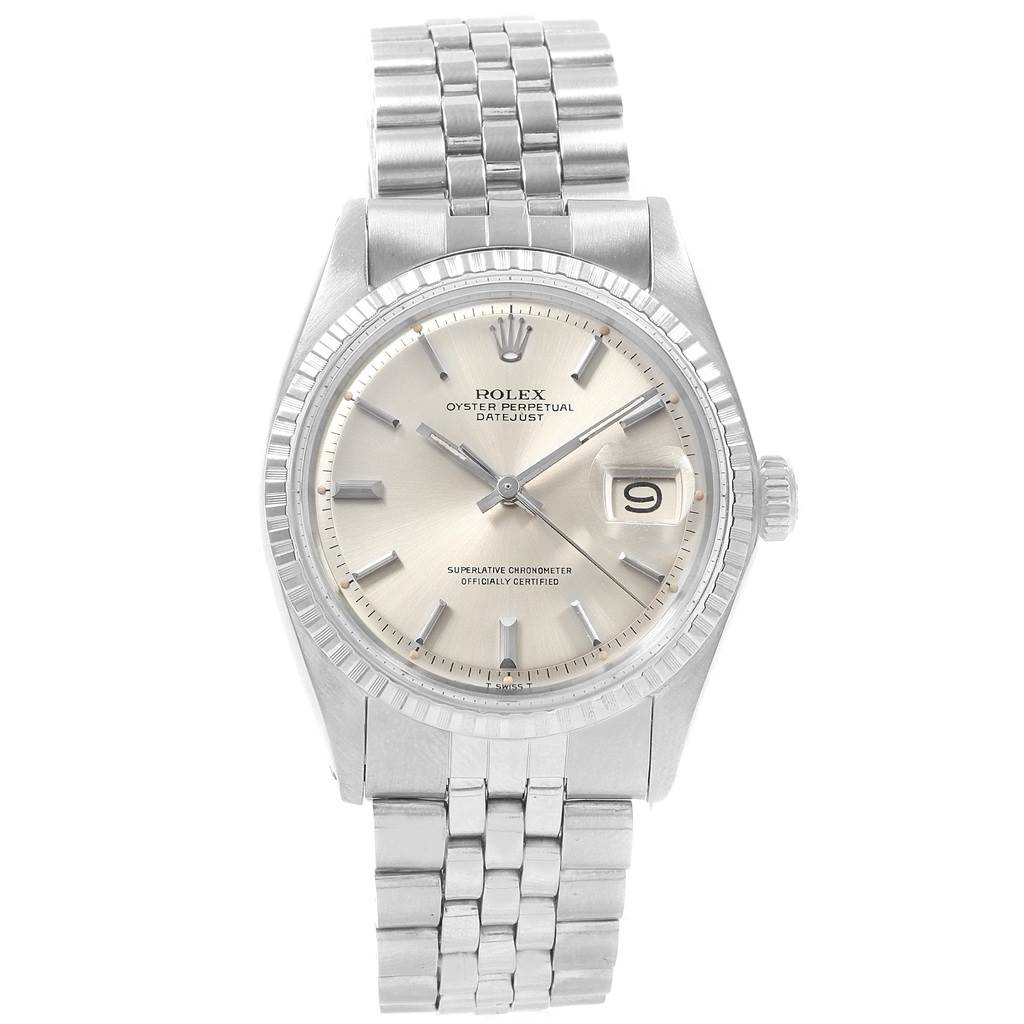 This Rolex Datejust 1601 Men
s Stainless Steel Silver Dial 1601 Men
s Stainless Steel Silver Dial model is shown from a front angle, displaying the dial, bezel, crown, and bracelet.