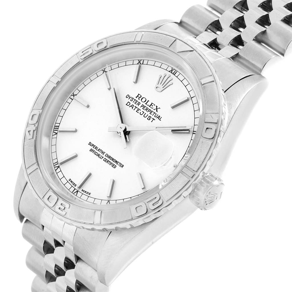 The image shows a close-up angled view of a Rolex Datejust 16264 Men's Stainless Steel Silver Dial 16264 Men's Stainless Steel Silver Dial watch, displaying its bezel, crown, face, and part of the bracelet.