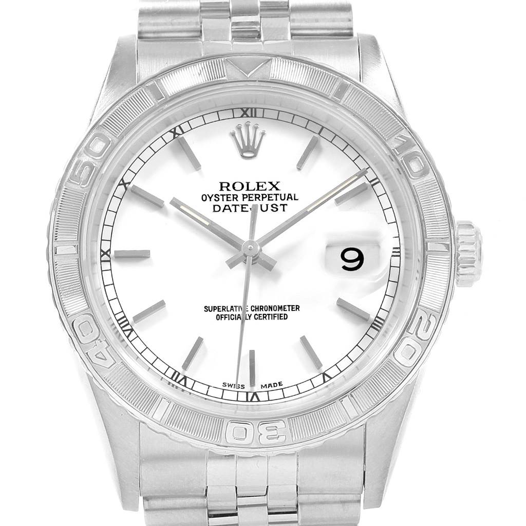 This image shows a frontal view of the Rolex Datejust 16264 Men's Stainless Steel Silver Dial 16264 Men's Stainless Steel Silver Dial watch, detailing the dial, bezel, bracelet, and crown.