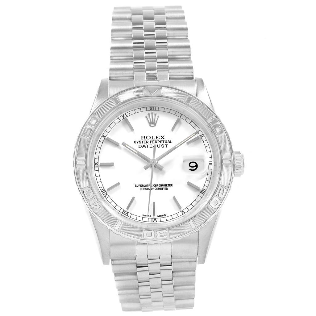 This image shows a front view of the Rolex Datejust 16264 Men's Stainless Steel Silver Dial 16264 Men's Stainless Steel Silver Dial watch, detailing its face, bezel, and bracelet.