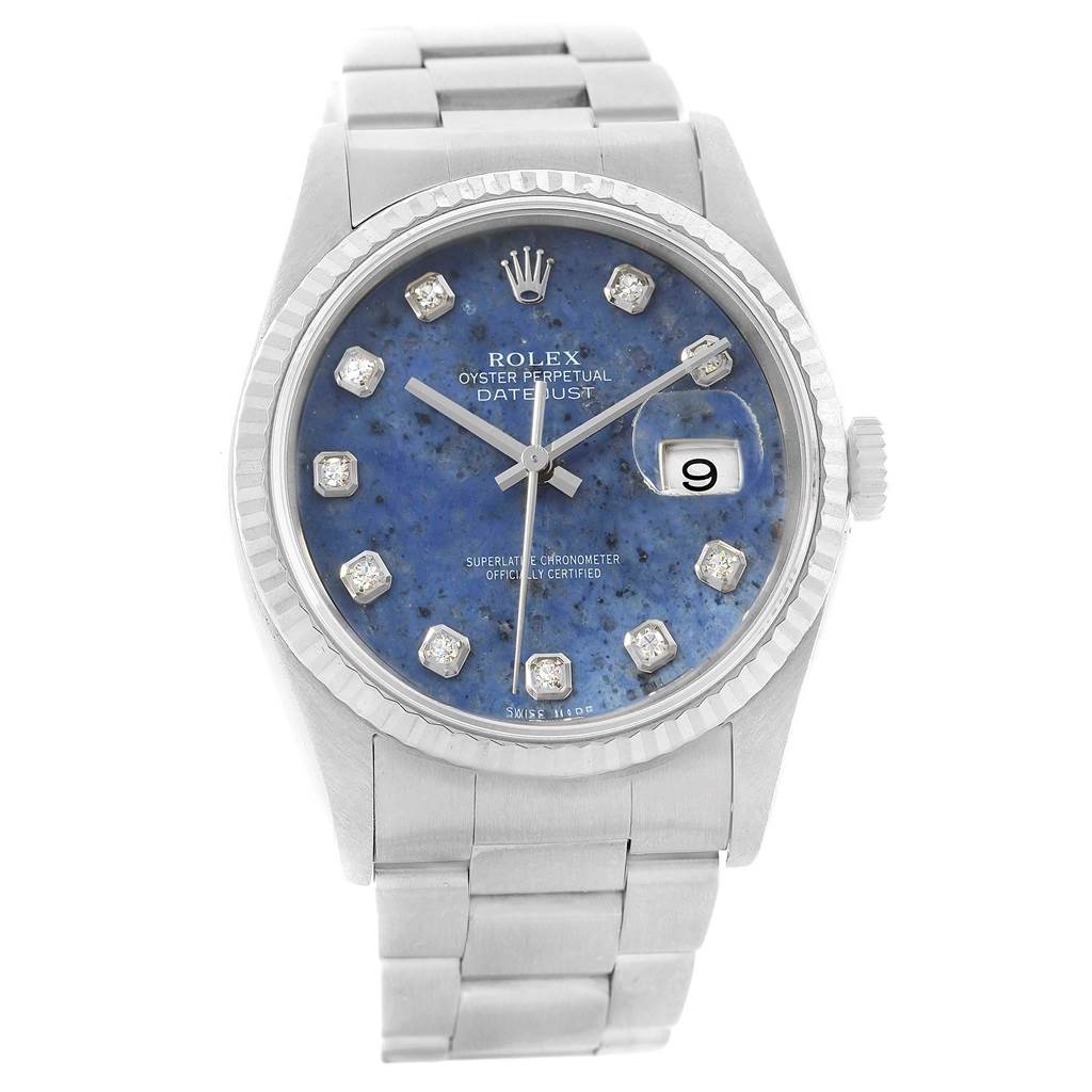 The image shows a Rolex Datejust 16234 Men
s Stainless Steel Blue Dial 16234 Men
s Stainless Steel Blue Dial watch from a front angle, highlighting the dial, bezel, crown, and bracelet.