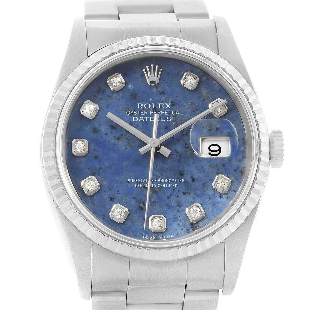 This is a front view of a Rolex Datejust 16234 Men
s Stainless Steel Blue Dial 16234 Men
s Stainless Steel Blue Dial watch showing the dial, bezel, bracelet, and the date window.