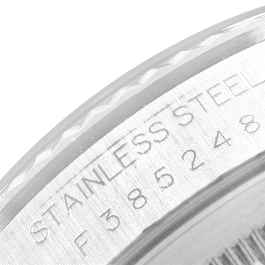 This image shows a close-up angle of the stainless steel case and part of the bezel of a Rolex Datejust 16234 Men
s Stainless Steel Blue Dial 16234 Men
s Stainless Steel Blue Dial watch.