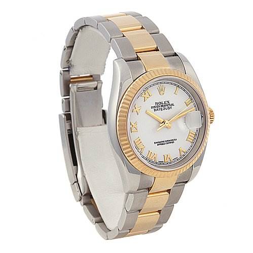 This image shows a Rolex Datejust 116233-WRJ Men's Stainless Steel White Dial 116233-WRJ Men's Stainless Steel White Dial watch at a three-quarter angle, displaying its face, bezel, and bracelet.
