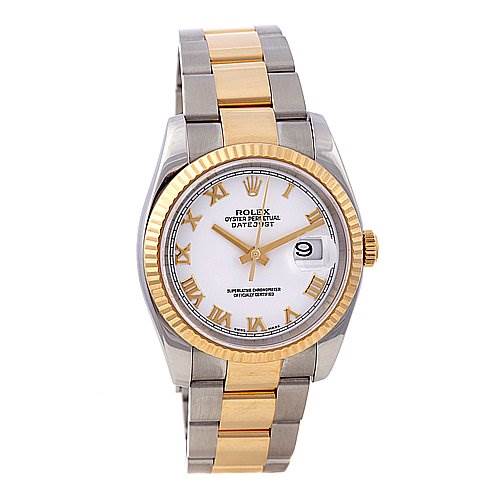 This image shows a Rolex Datejust 116233-WRJ Men's Stainless Steel White Dial 116233-WRJ Men's Stainless Steel White Dial watch from a front view, highlighting its two-tone band, fluted bezel, white dial, gold Roman numerals, and date window.