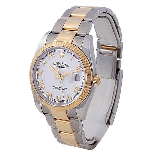 The Rolex Datejust 116233-WRJ Men's Stainless Steel White Dial 116233-WRJ Men's Stainless Steel White Dial watch is shown at a slight angle, displaying its gold fluted bezel, white dial with Roman numerals, and two-tone bracelet.